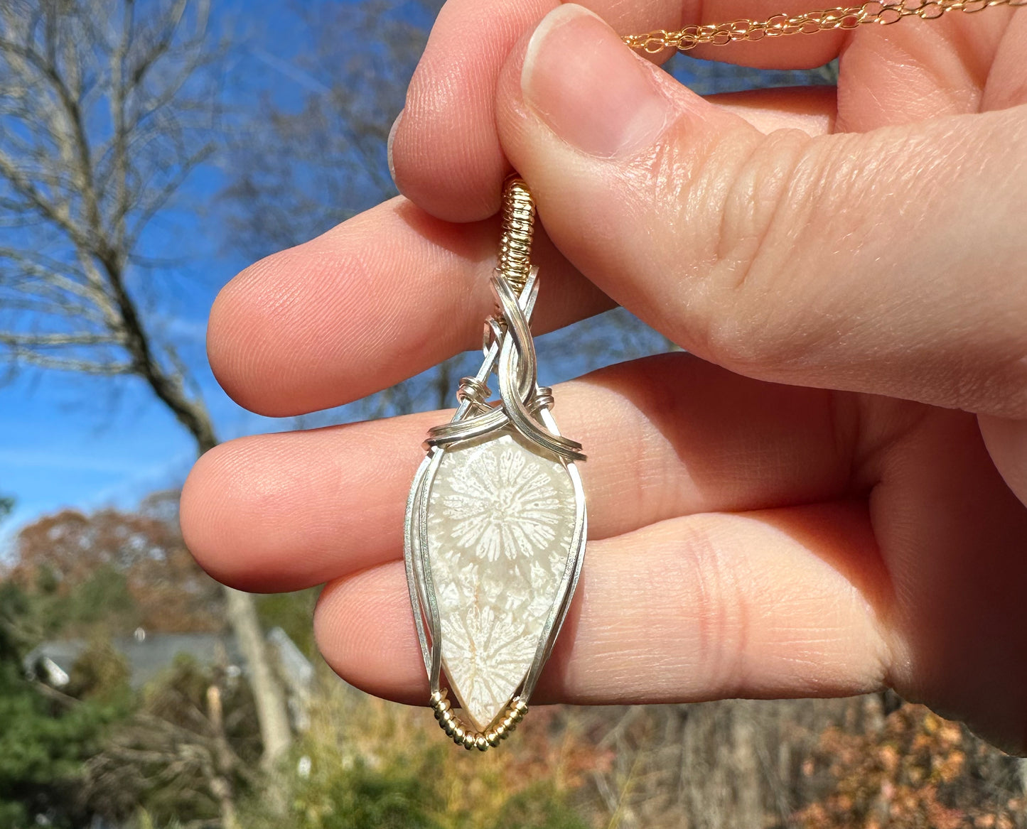 Two-Tone Wire-Wrapped Fossilized White Coral Pendant in Sterling Silver and 14k Goldfill