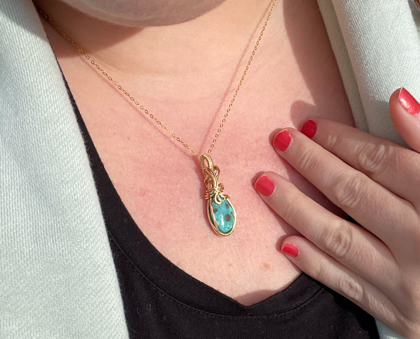 Wire-Wrapped White Water Turquoise with Pyrite Pendant in 14k Goldfill