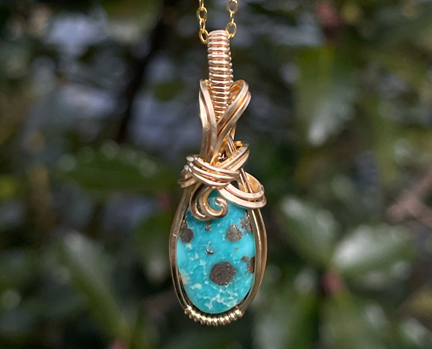 Wire-Wrapped White Water Turquoise with Pyrite Pendant in 14k Goldfill