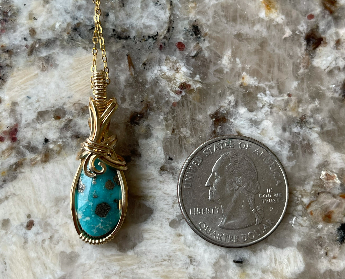 Wire-Wrapped White Water Turquoise with Pyrite Pendant in 14k Goldfill