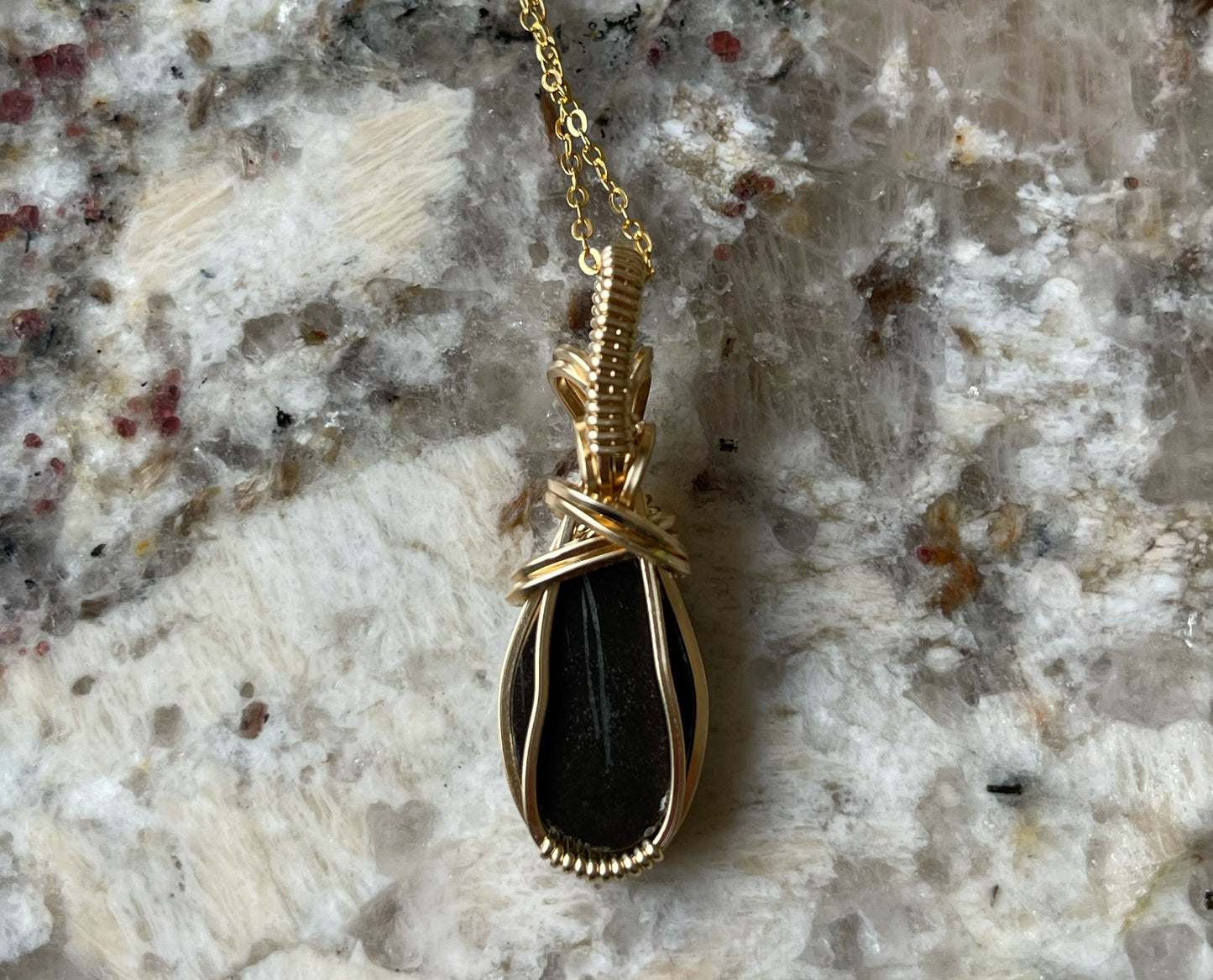 Wire-Wrapped White Water Turquoise with Pyrite Pendant in 14k Goldfill
