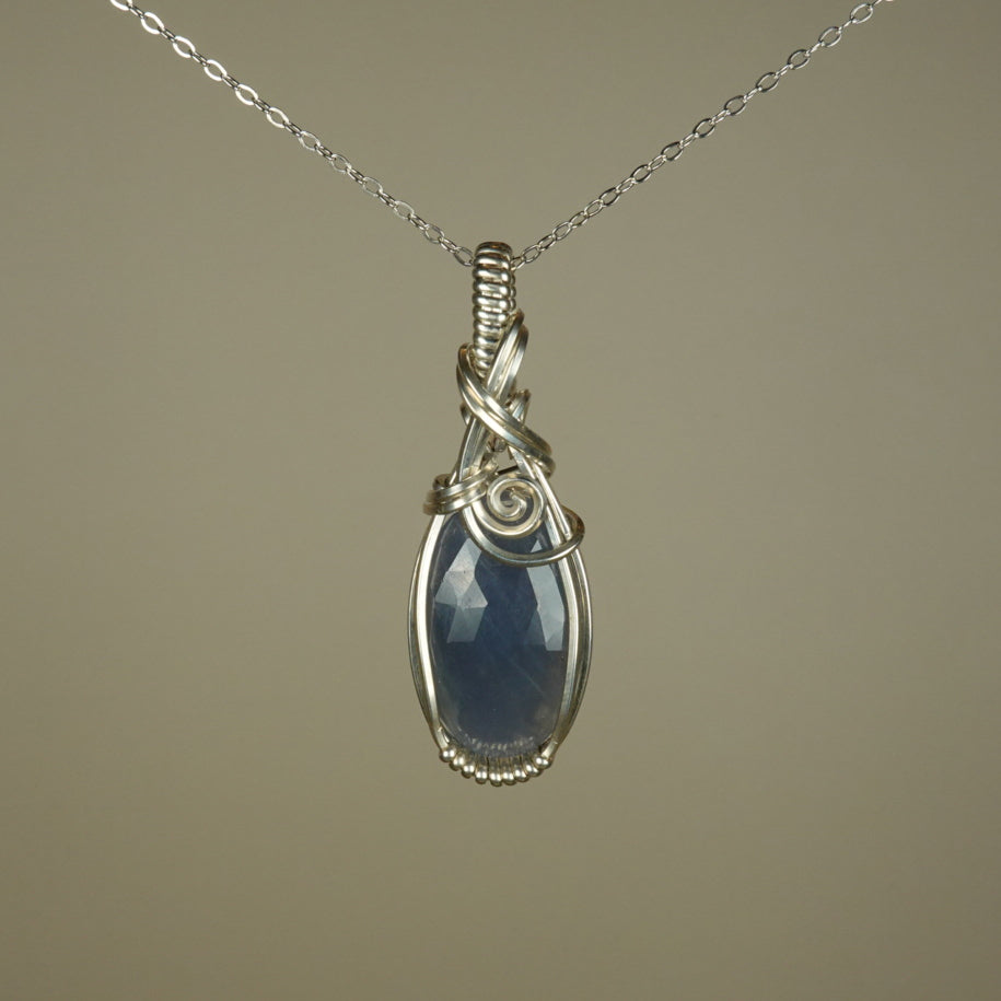Blue Sapphire Pendant Wire-Wrapped in Sterling Silver