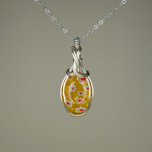 Vintage Yellow Murano Glass ("Millefiori") Pendant Wire-Wrapped in Sterling Silver