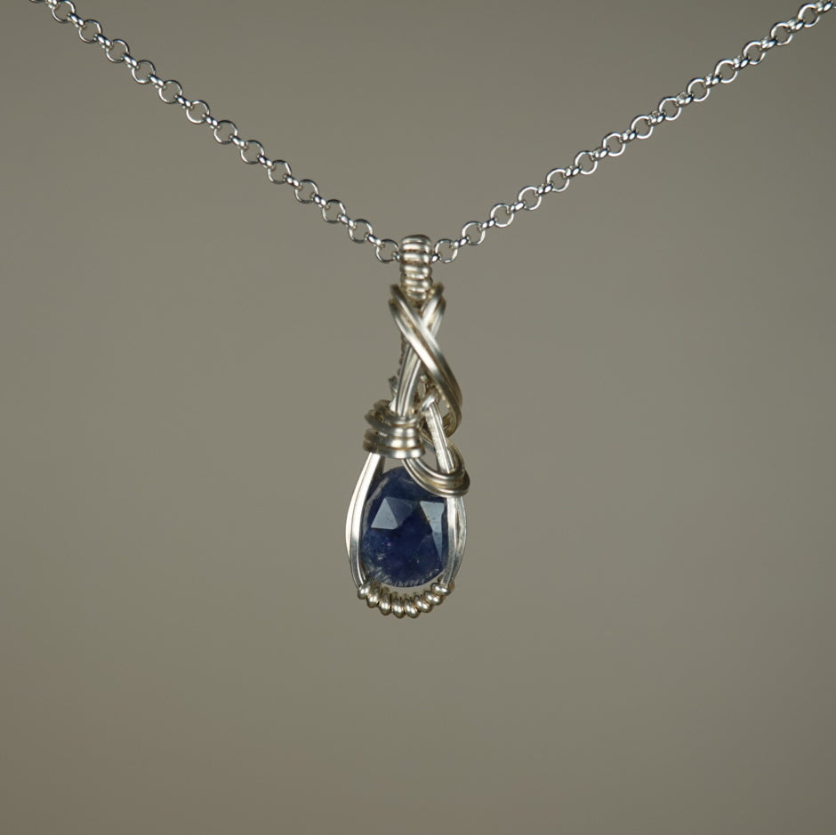 Blue Sapphire Pendant Wire-Wrapped in Sterling Silver