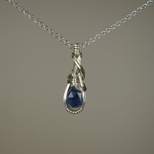 Blue Sapphire Pendant Wire-Wrapped in Sterling Silver