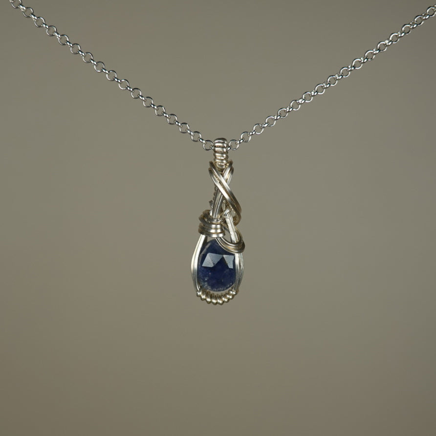 Blue Sapphire Pendant Wire-Wrapped in Sterling Silver