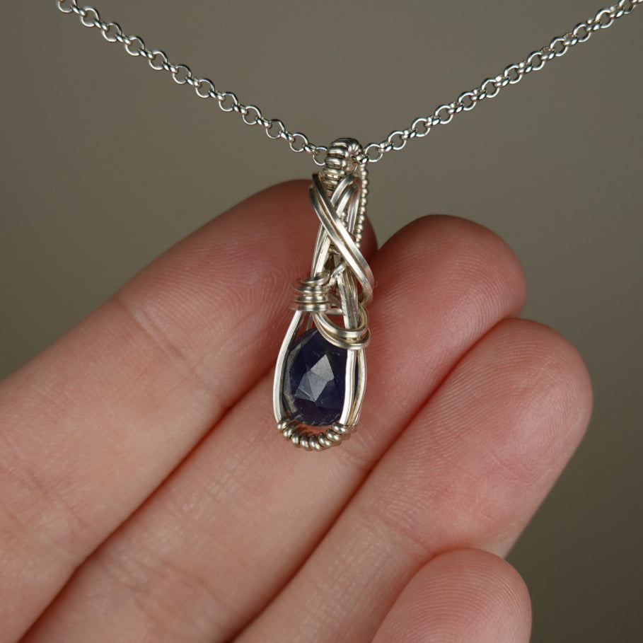 Blue Sapphire Pendant Wire-Wrapped in Sterling Silver
