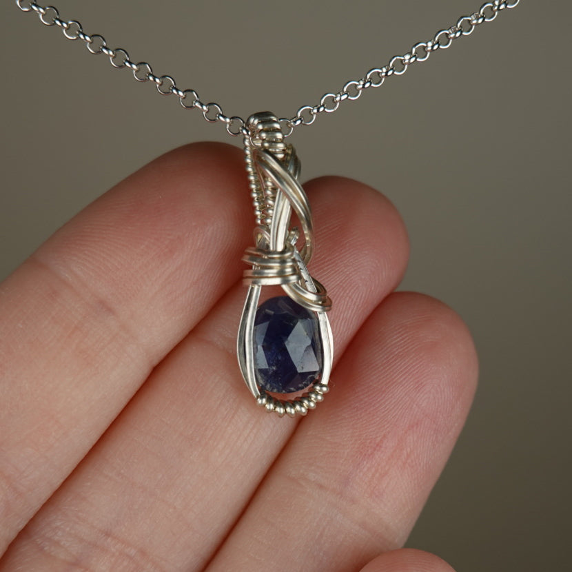 Blue Sapphire Pendant Wire-Wrapped in Sterling Silver