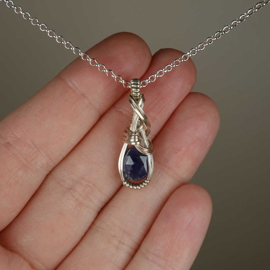 Blue Sapphire Pendant Wire-Wrapped in Sterling Silver