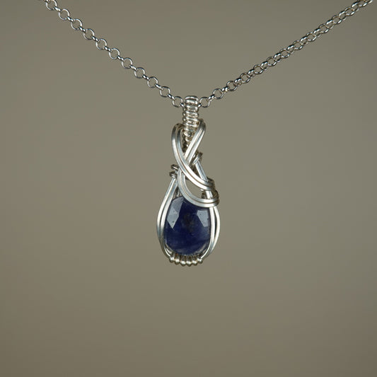 Blue Sapphire Pendant Wire-Wrapped in Sterling Silver