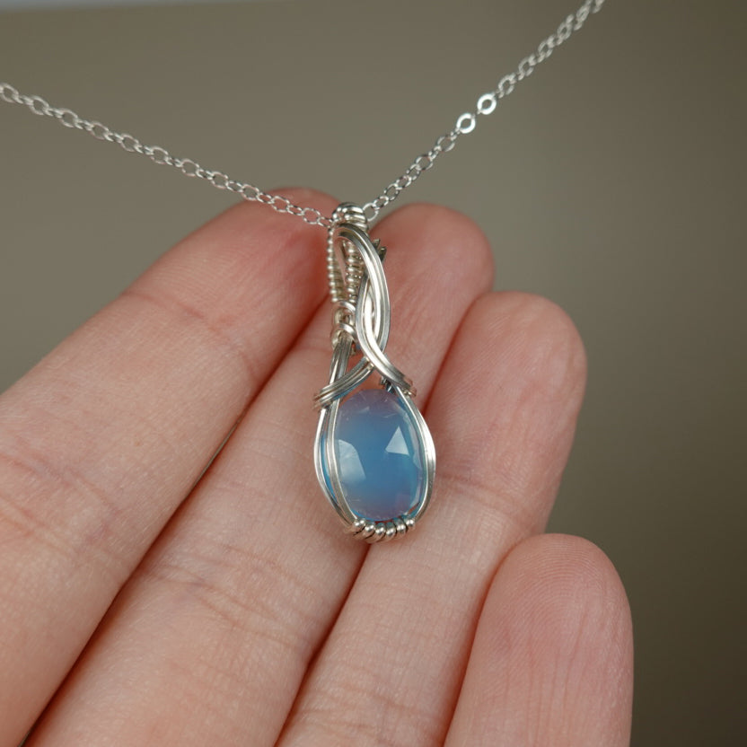 Rosecut Aqua Chalcedony Pendant Wire-Wrapped in Sterling Silver