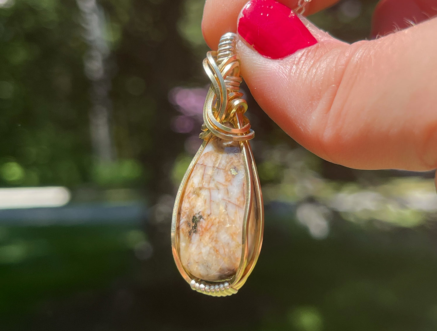 Wire-Wrapped Breccia de Oro (Gold in Quartz) Pendant in Sterling Silver and 14k Gold-Fill