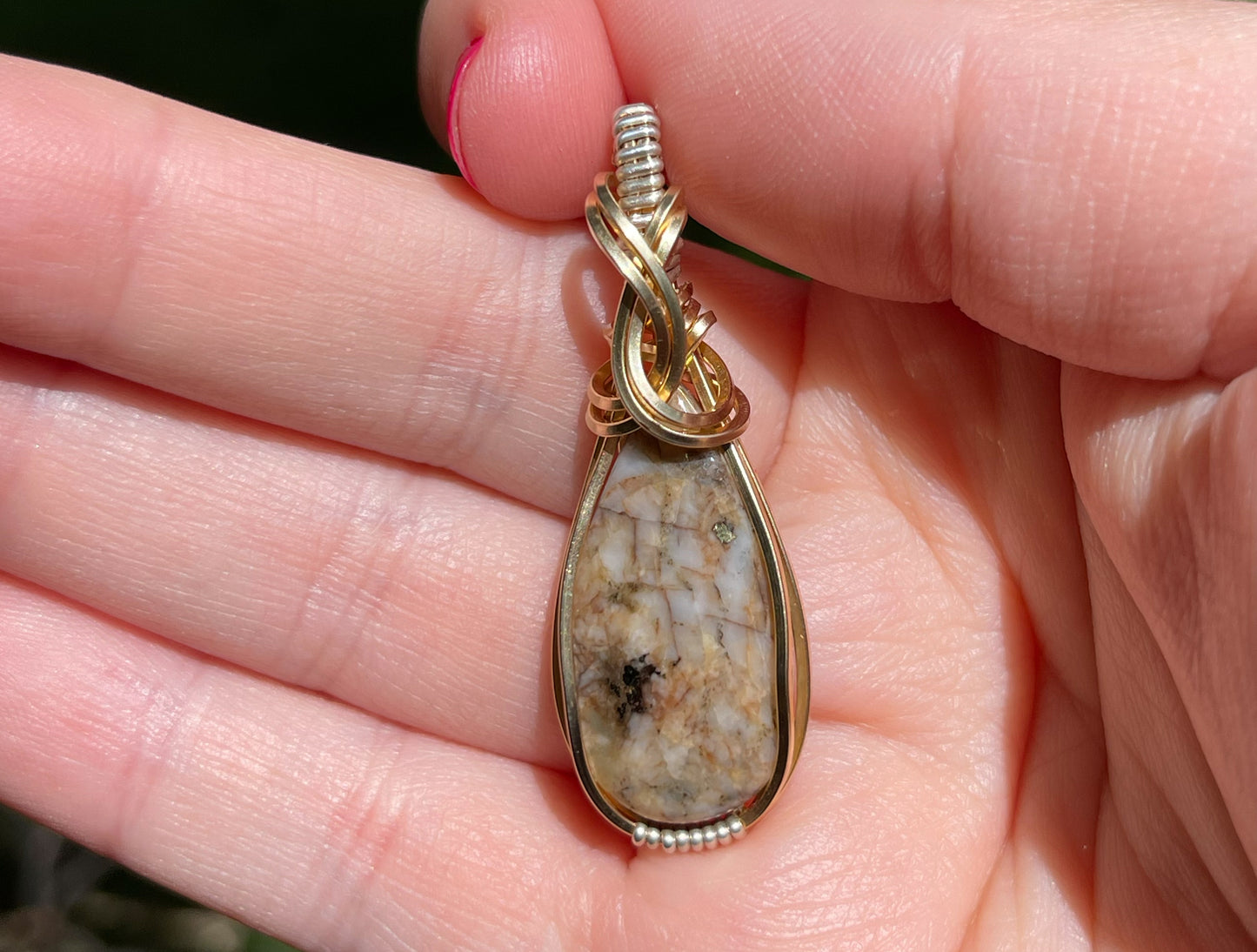 Wire-Wrapped Breccia de Oro (Gold in Quartz) Pendant in Sterling Silver and 14k Gold-Fill