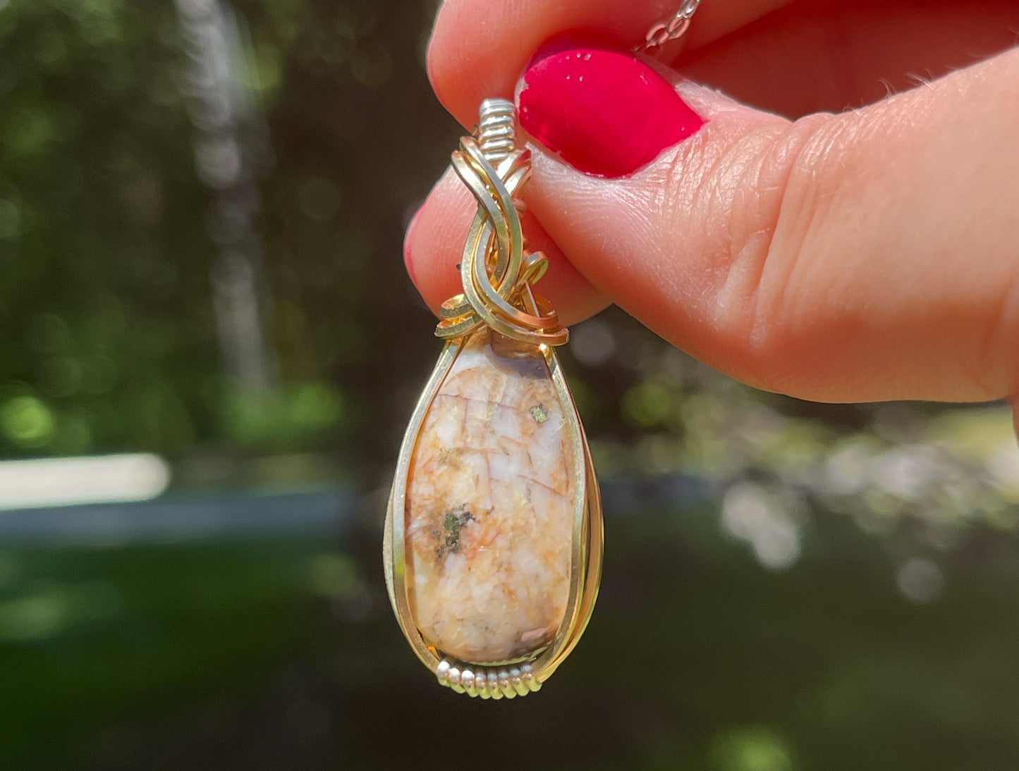 Wire-Wrapped Breccia de Oro (Gold in Quartz) Pendant in Sterling Silver and 14k Gold-Fill