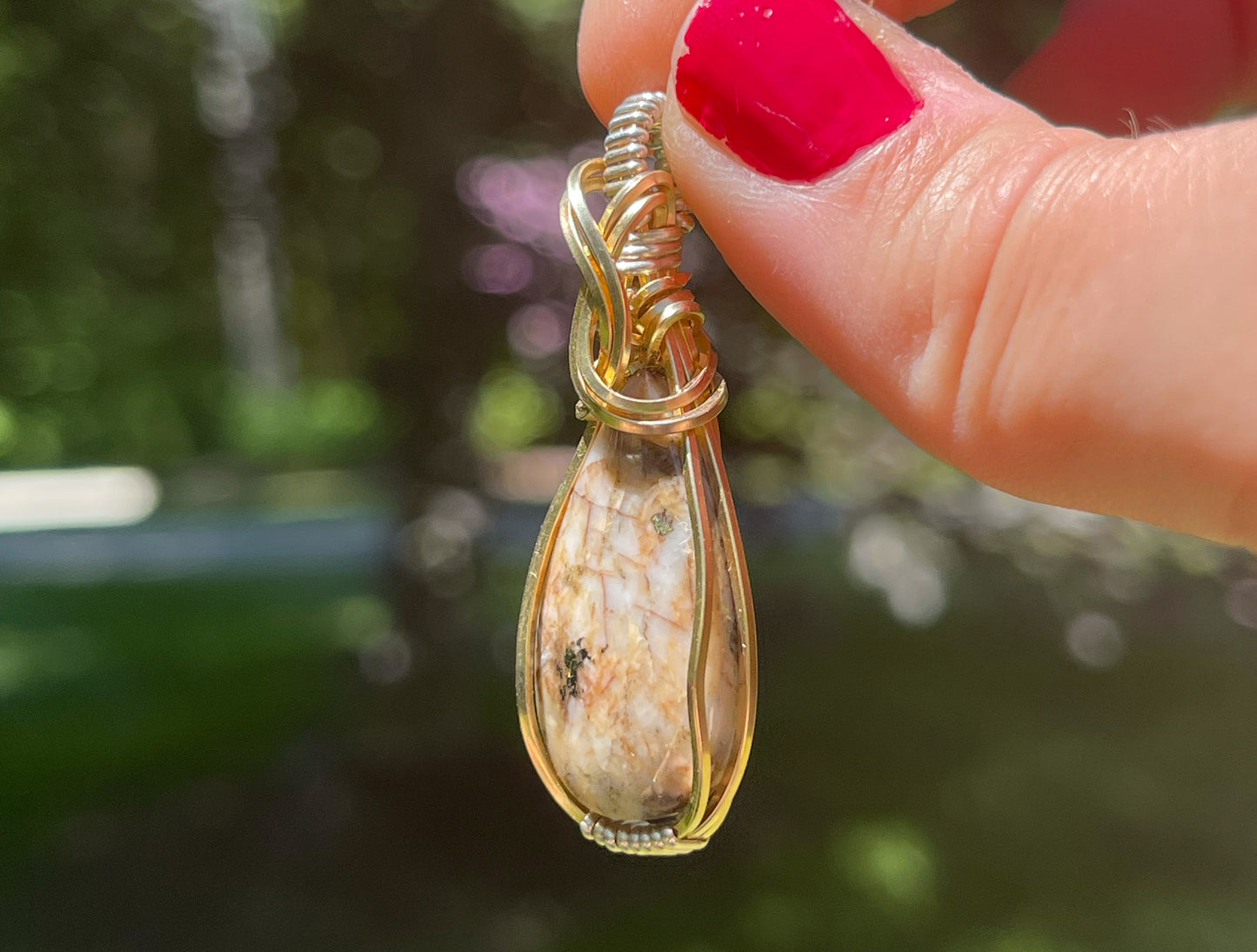 Wire-Wrapped Breccia de Oro (Gold in Quartz) Pendant in Sterling Silver and 14k Gold-Fill