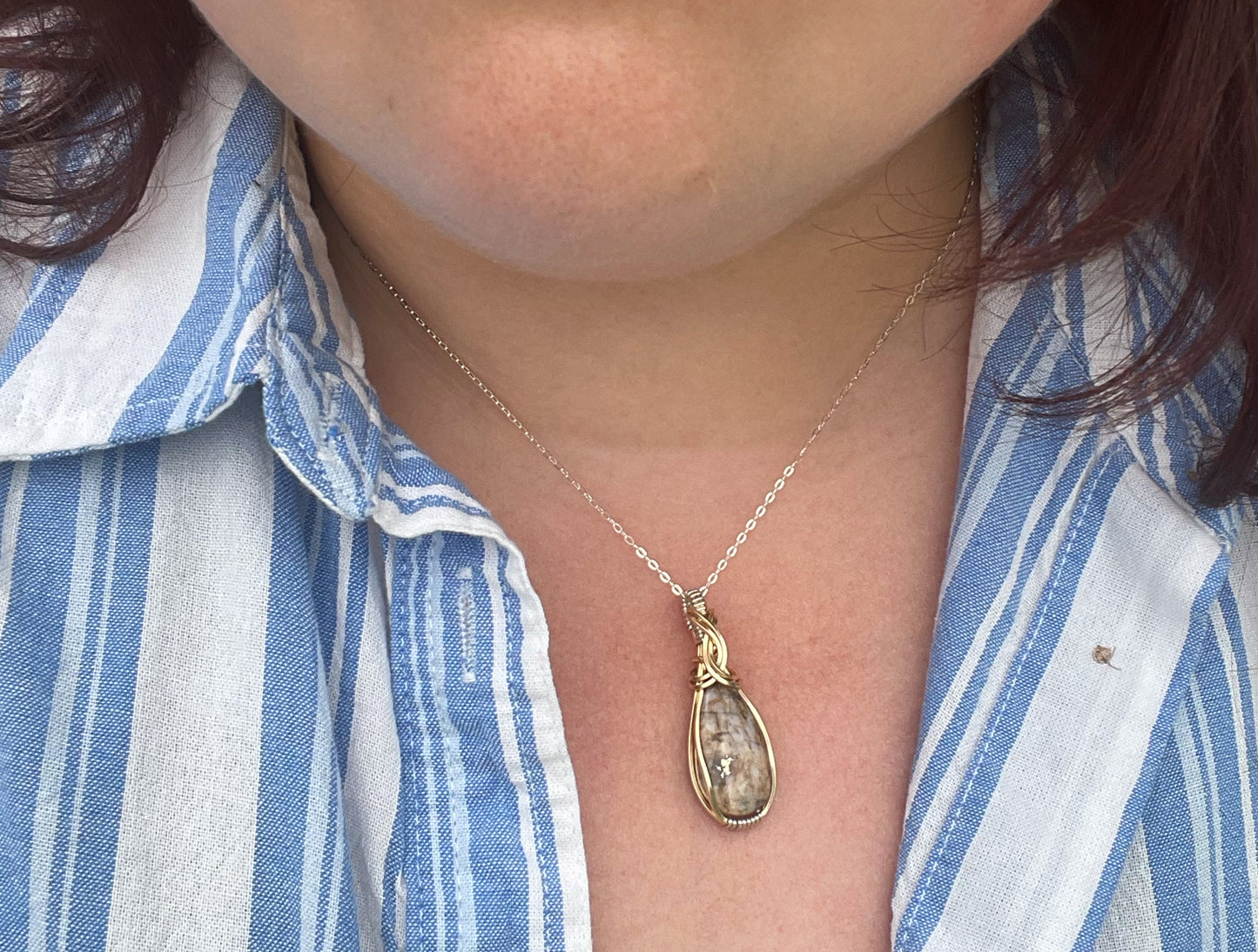 Wire-Wrapped Breccia de Oro (Gold in Quartz) Pendant in Sterling Silver and 14k Gold-Fill