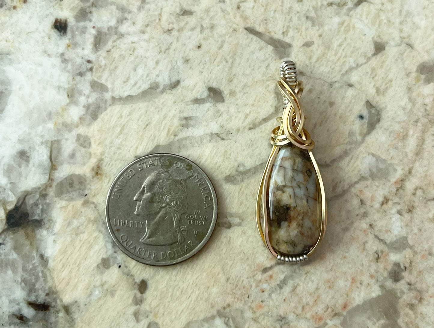 Wire-Wrapped Breccia de Oro (Gold in Quartz) Pendant in Sterling Silver and 14k Gold-Fill
