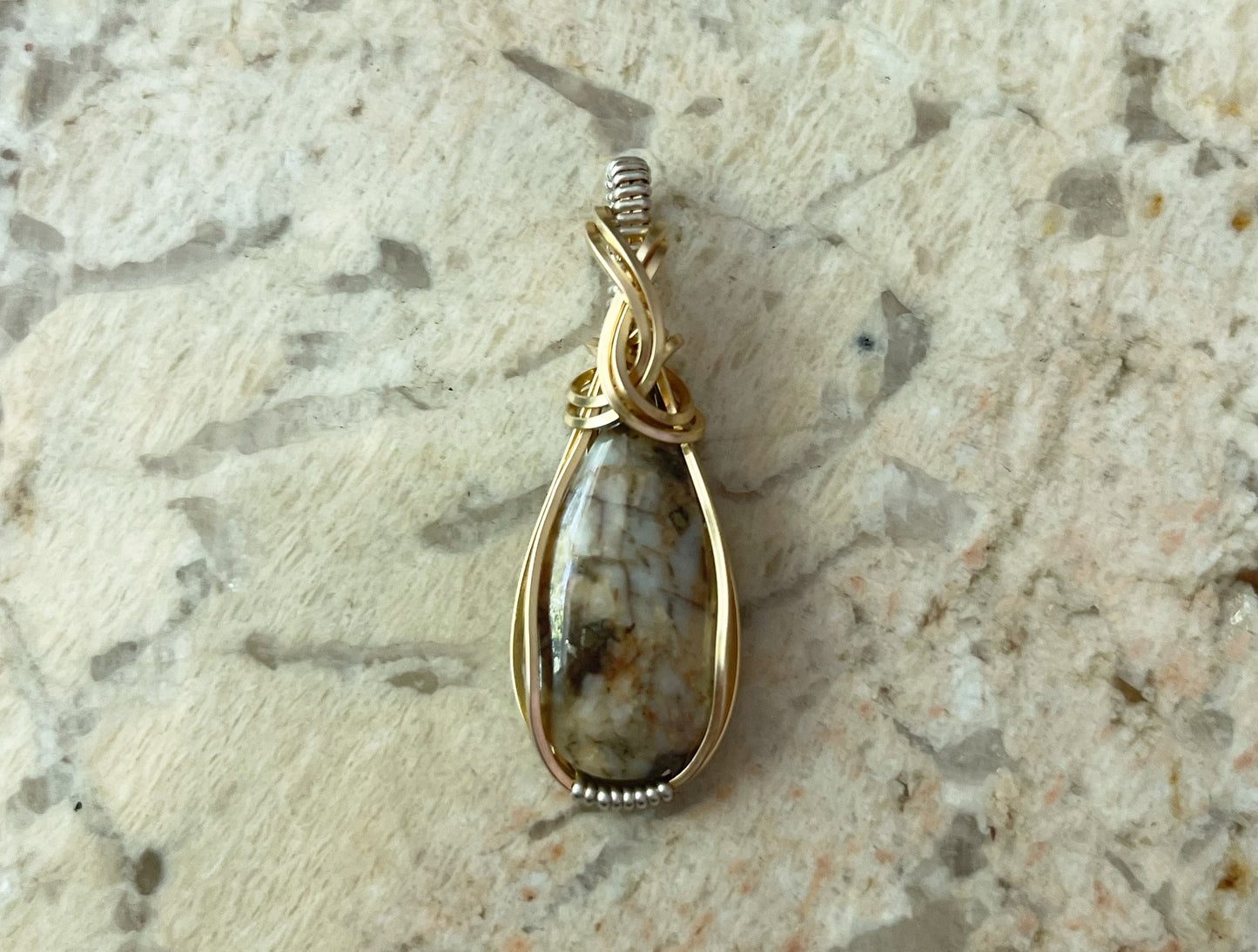 Wire-Wrapped Breccia de Oro (Gold in Quartz) Pendant in Sterling Silver and 14k Gold-Fill