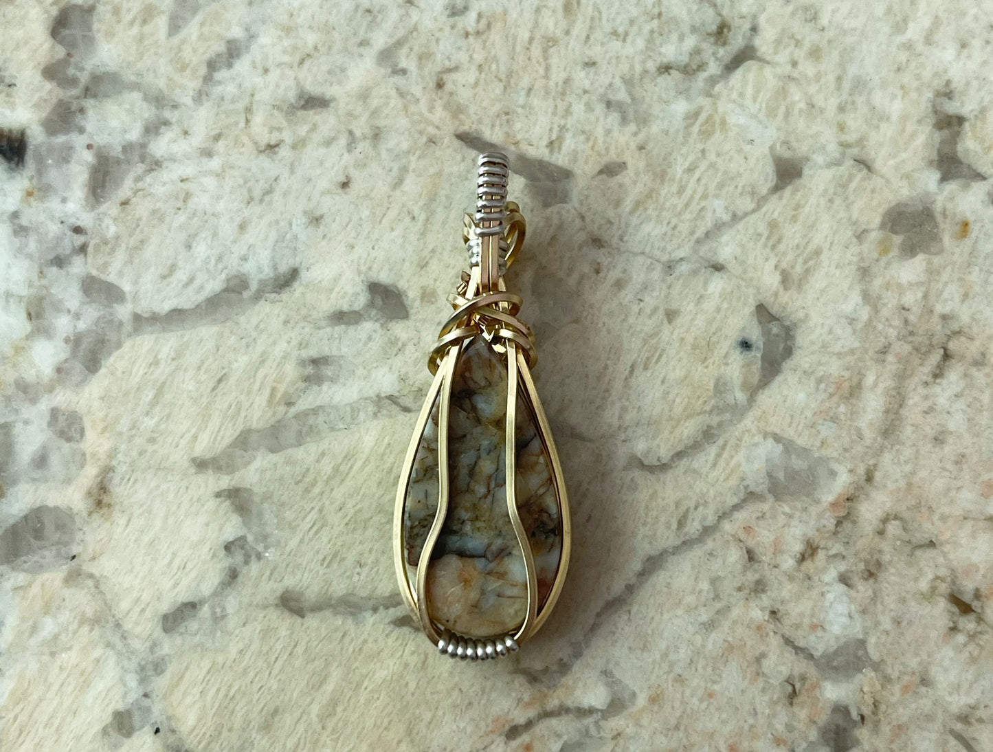 Wire-Wrapped Breccia de Oro (Gold in Quartz) Pendant in Sterling Silver and 14k Gold-Fill