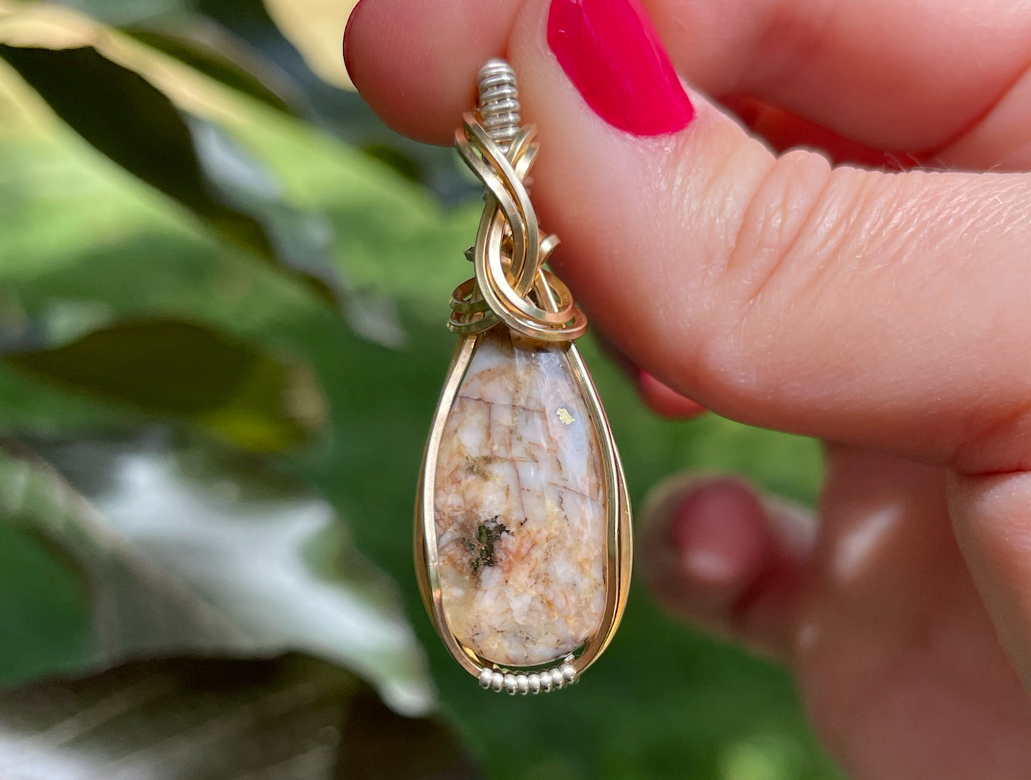 Wire-Wrapped Breccia de Oro (Gold in Quartz) Pendant in Sterling Silver and 14k Gold-Fill