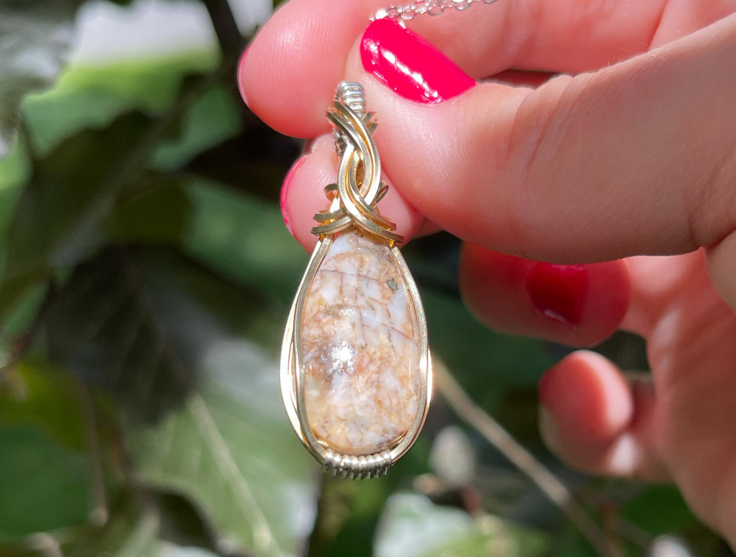 Wire-Wrapped Breccia de Oro (Gold in Quartz) Pendant in Sterling Silver and 14k Gold-Fill