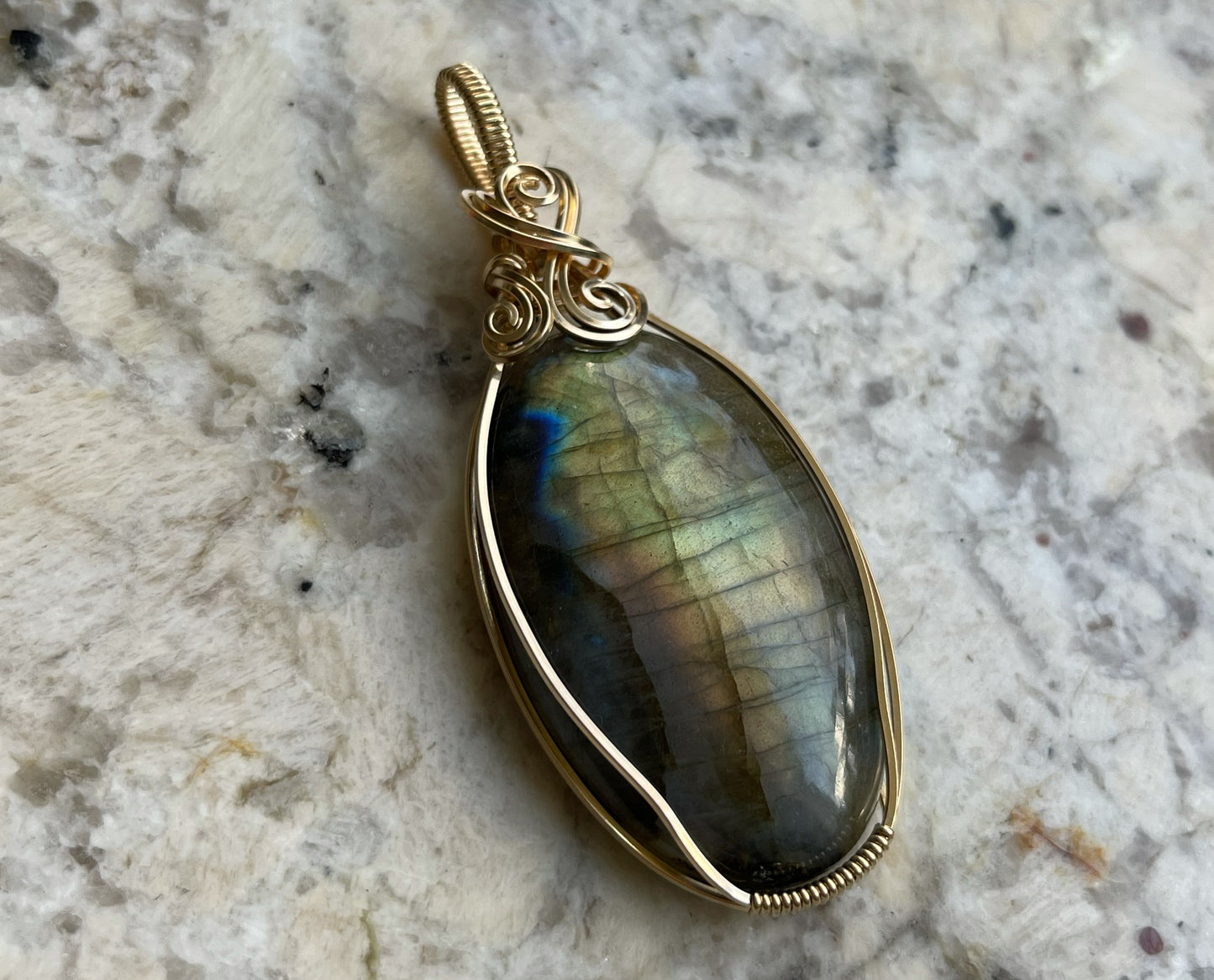 Wire-Wrapped Flashy Labradorite Pendant in 14k Gold-Fill