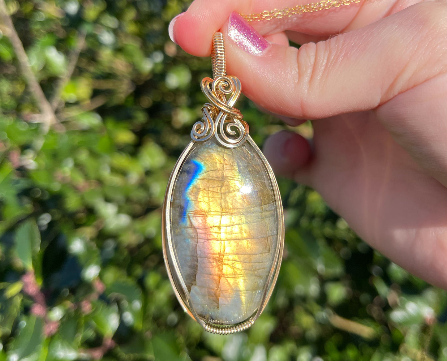 Wire-Wrapped Flashy Labradorite Pendant in 14k Gold-Fill