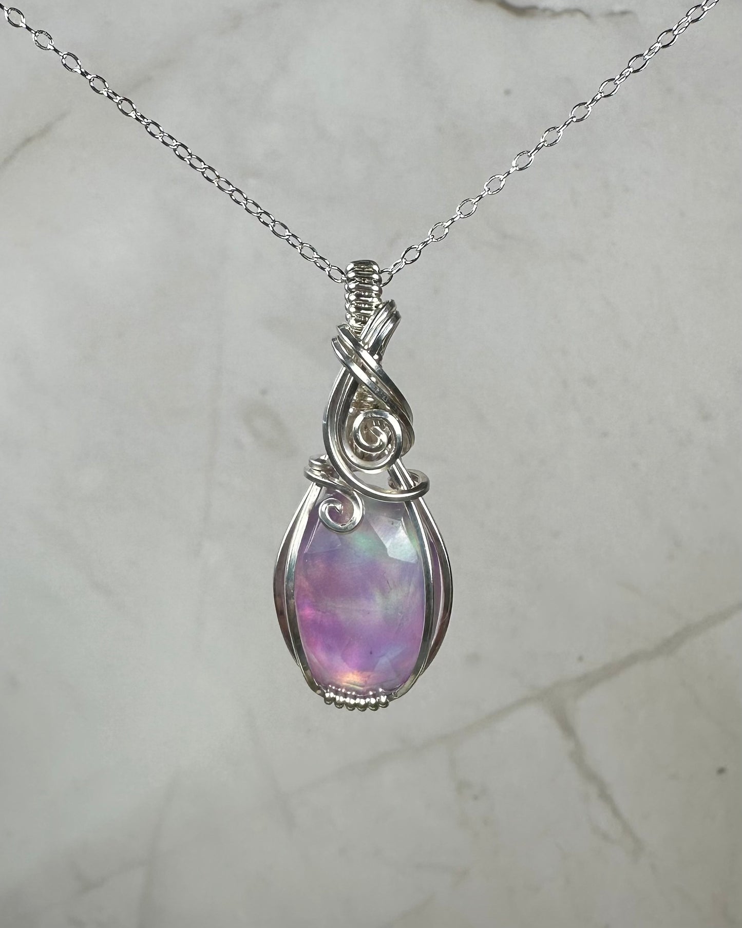 Aurora Opal Doublet Pendant Wire-Wrapped in Sterling Silver