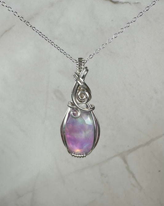 Aurora Opal Doublet Pendant Wire-Wrapped in Sterling Silver