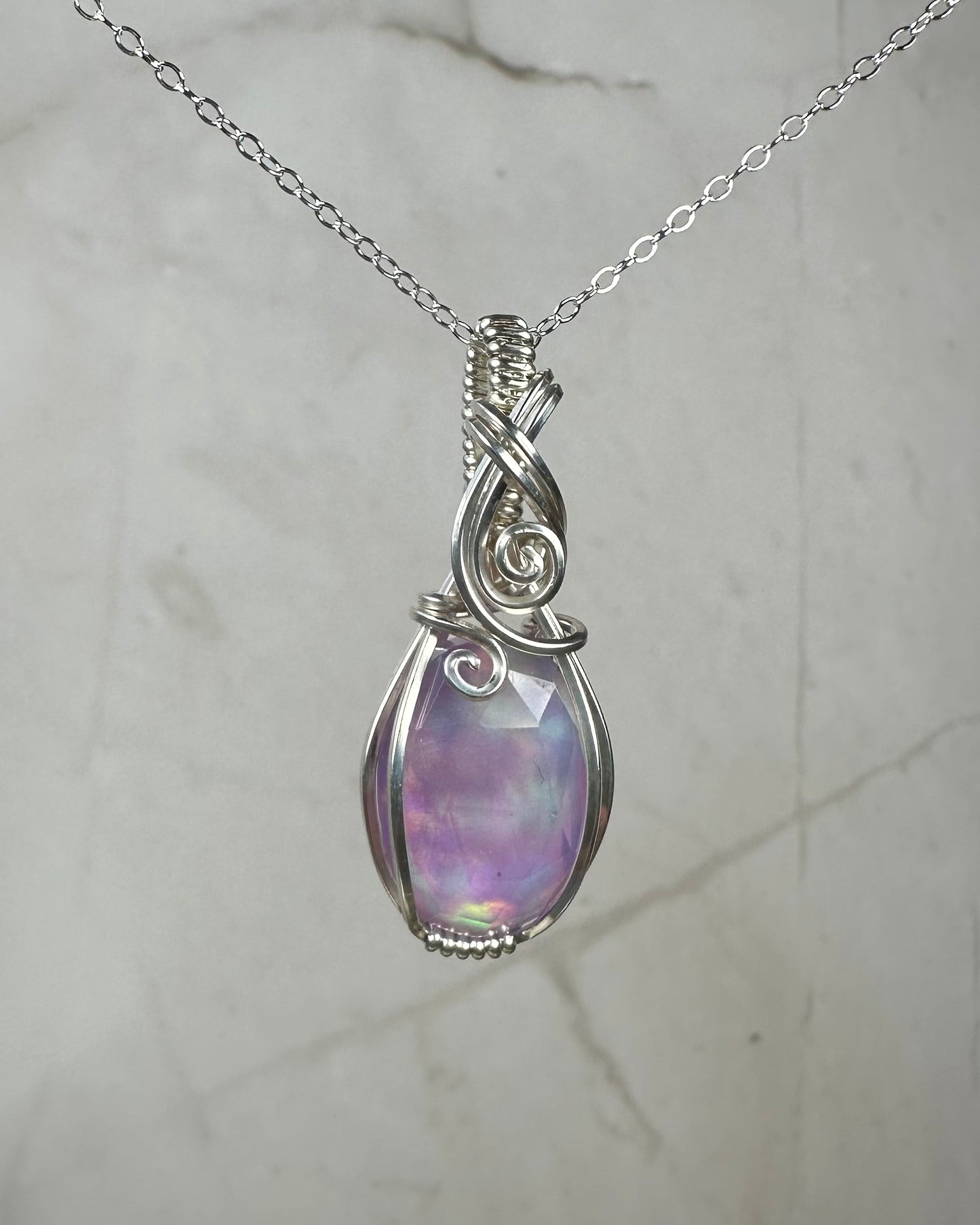 Aurora Opal Doublet Pendant Wire-Wrapped in Sterling Silver