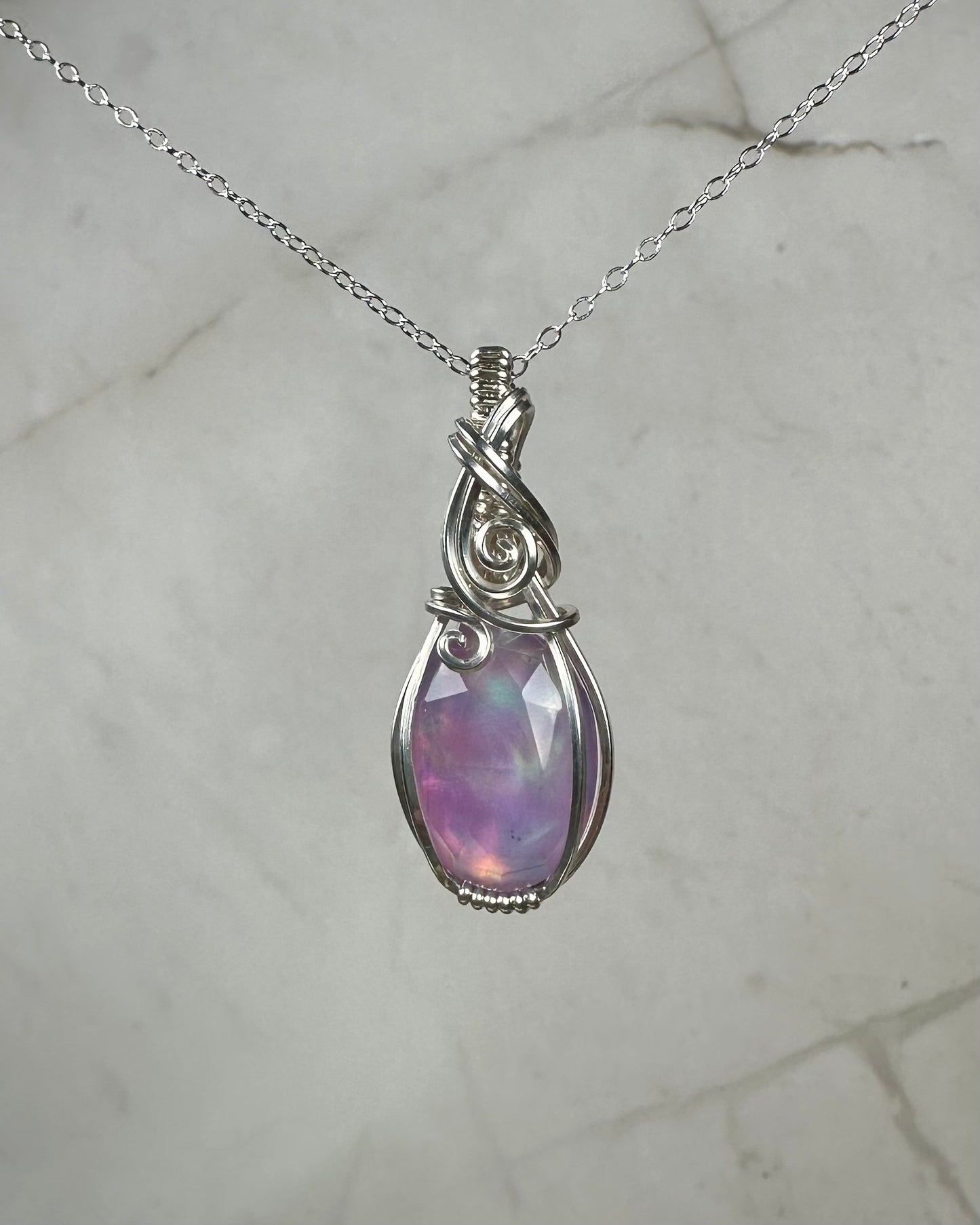 Aurora Opal Doublet Pendant Wire-Wrapped in Sterling Silver