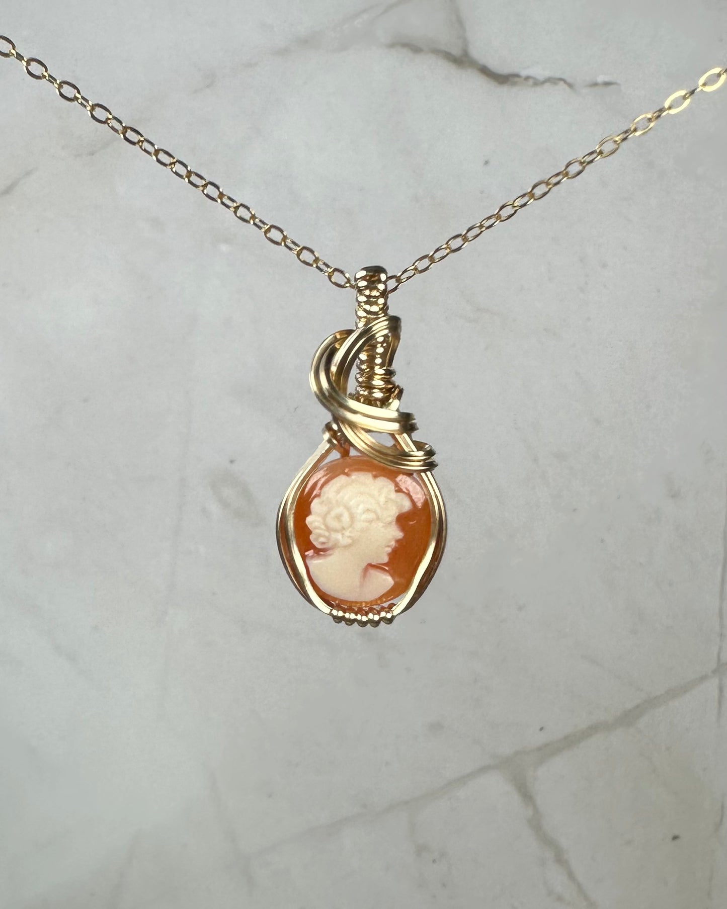 Vintage Carved Shell Cameo of Woman Pendant Wire-Wrapped in 14k Goldfill