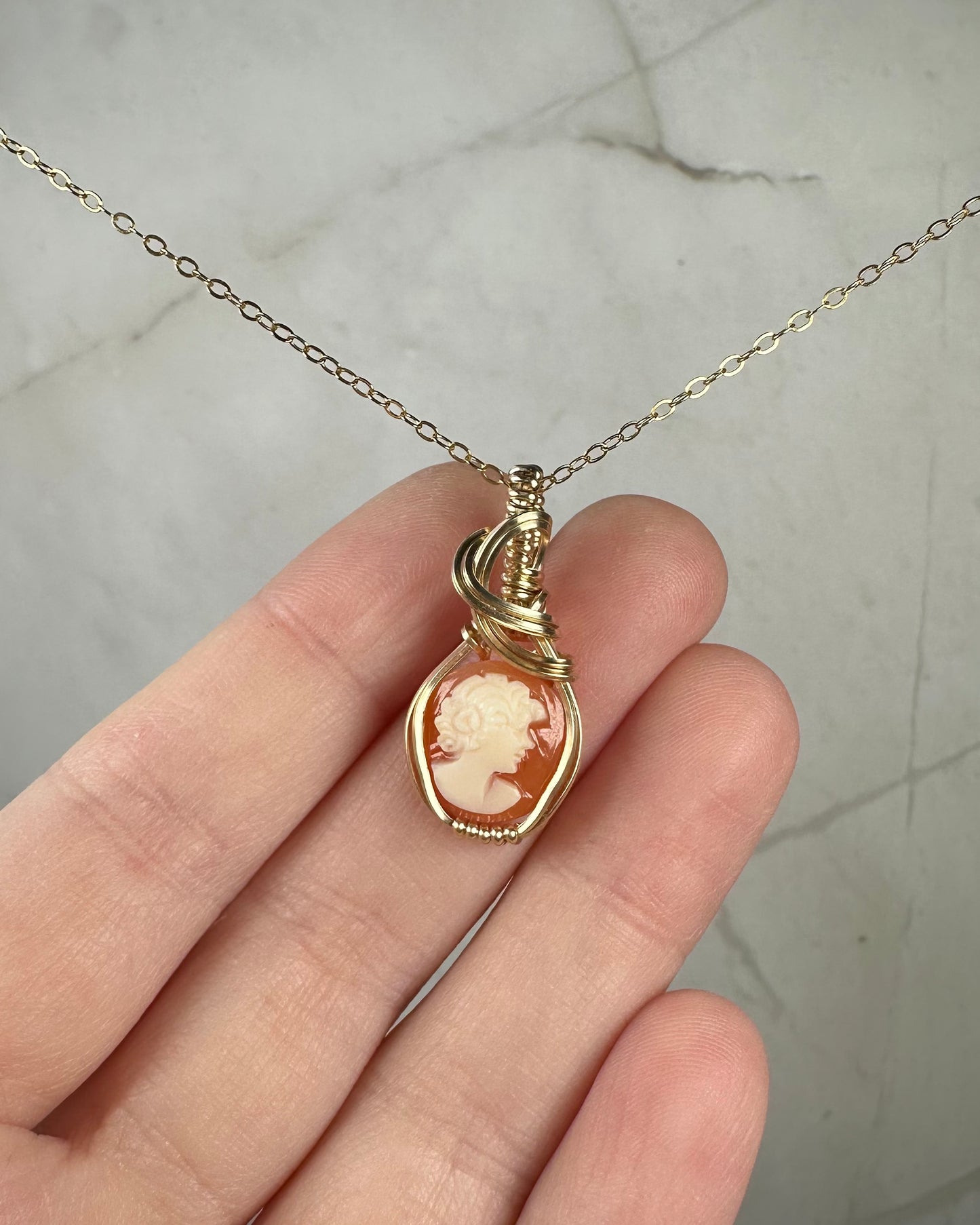 Vintage Carved Shell Cameo of Woman Pendant Wire-Wrapped in 14k Goldfill