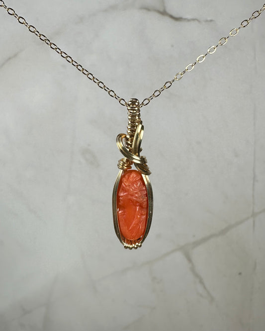 Antique Carved Coral Cameo of Woman Pendant Wire-Wrapped in 14k Goldfill