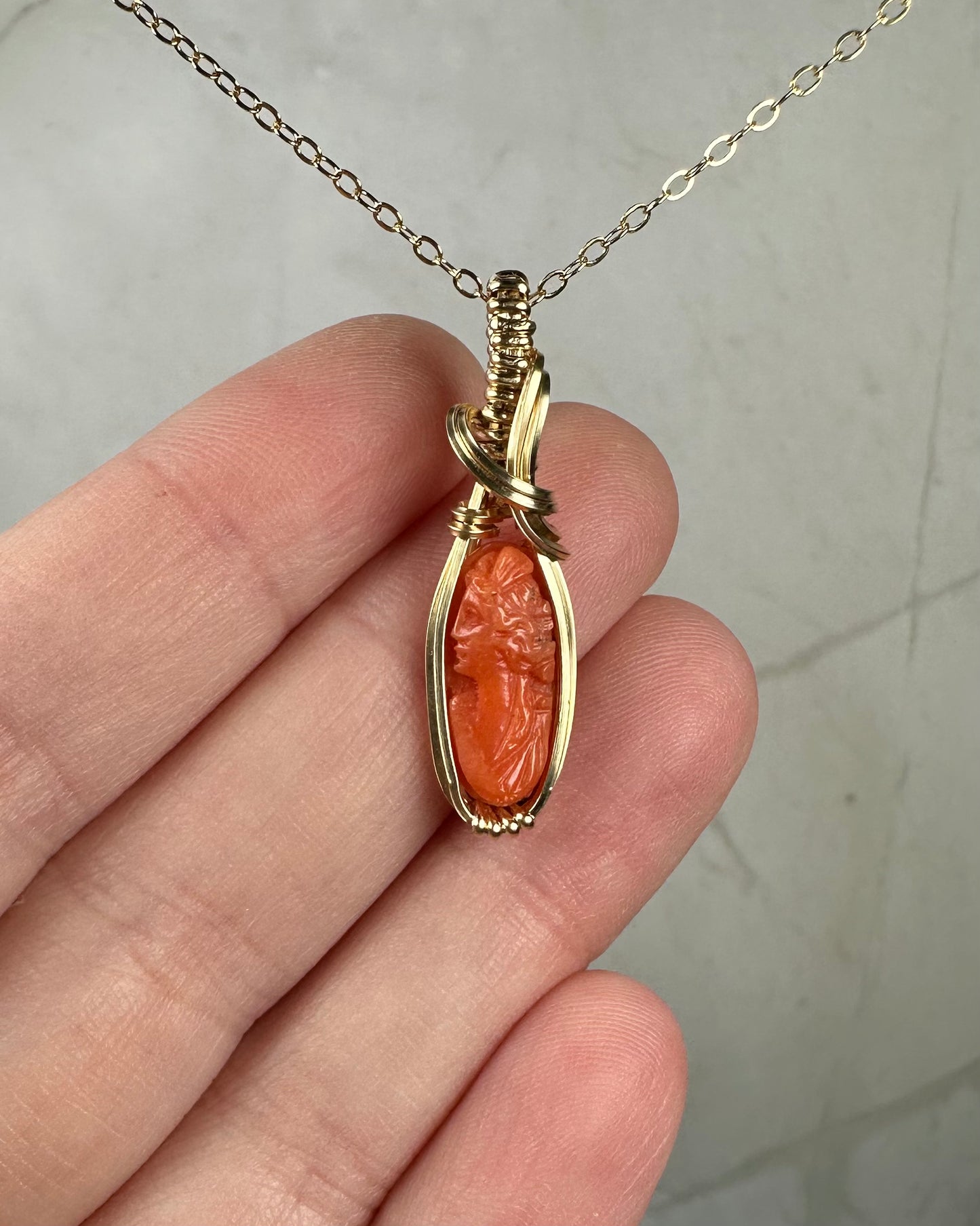 Antique Carved Coral Cameo of Woman Pendant Wire-Wrapped in 14k Goldfill