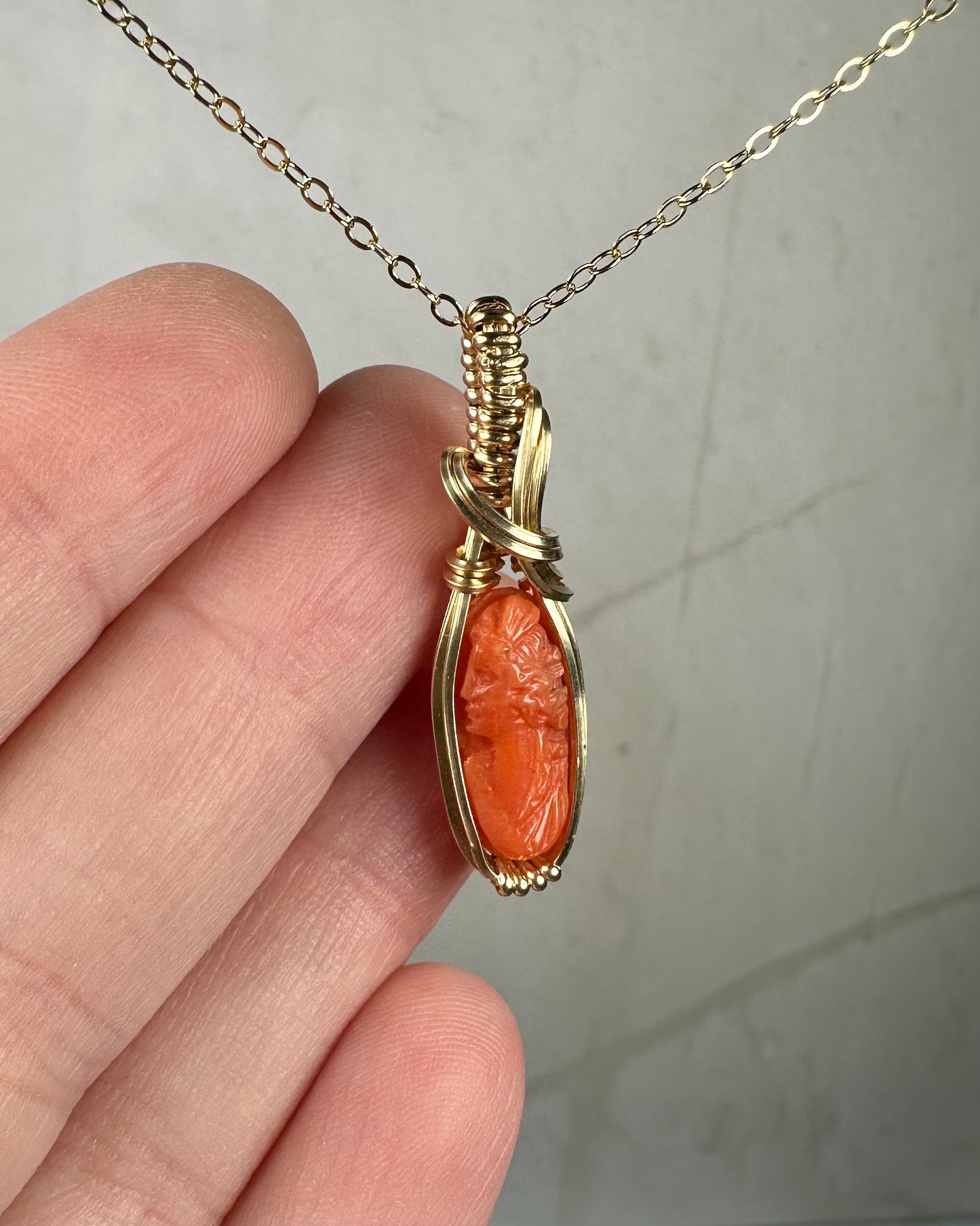 Antique Carved Coral Cameo of Woman Pendant Wire-Wrapped in 14k Goldfill
