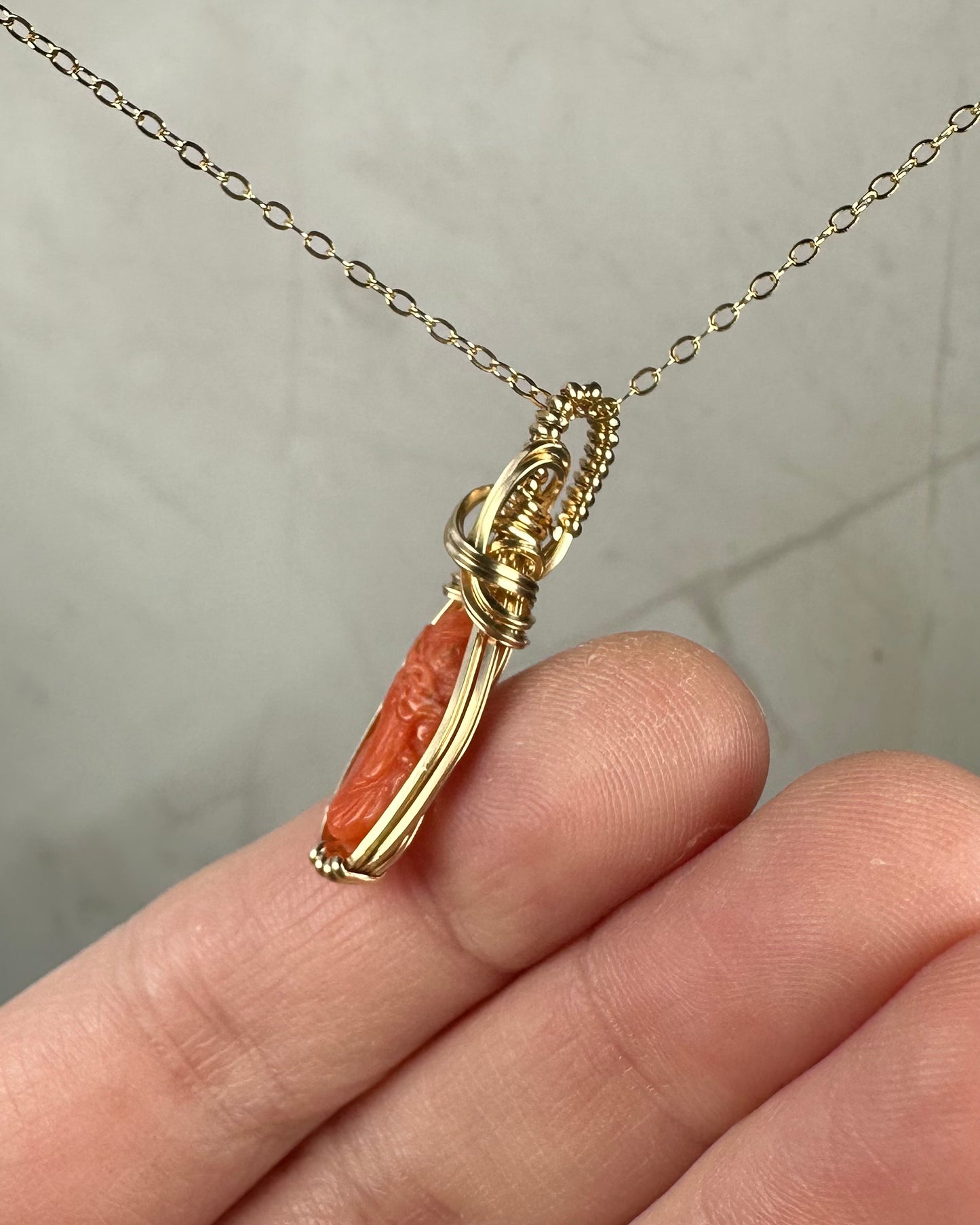 Antique Carved Coral Cameo of Woman Pendant Wire-Wrapped in 14k Goldfill