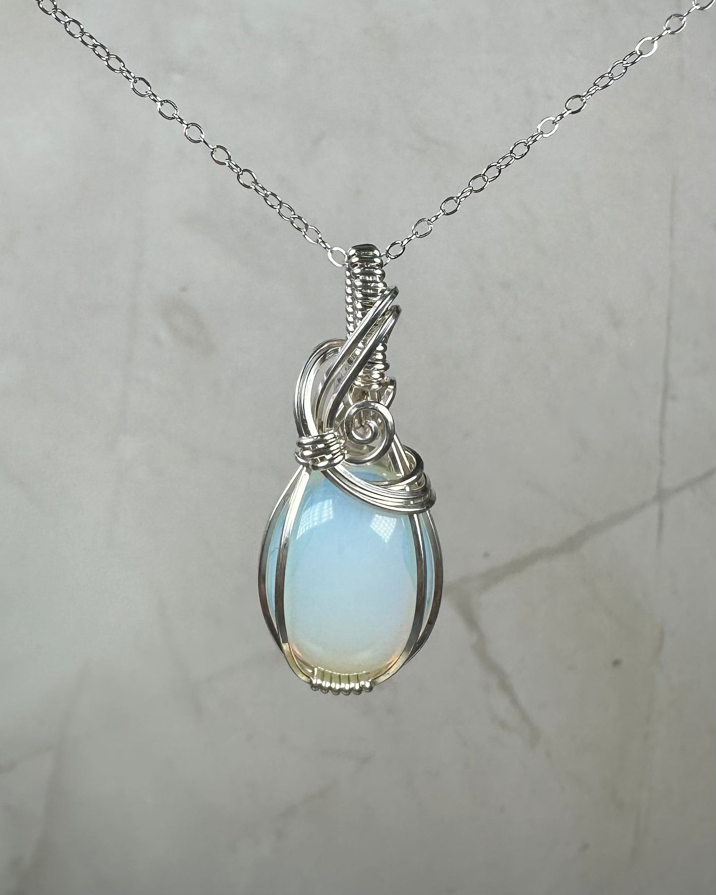 Opalite Glass Pendant Wire-Wrapped in Sterling Silver