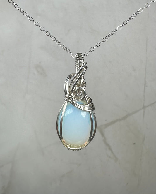 Opalite Glass Pendant Wire-Wrapped in Sterling Silver