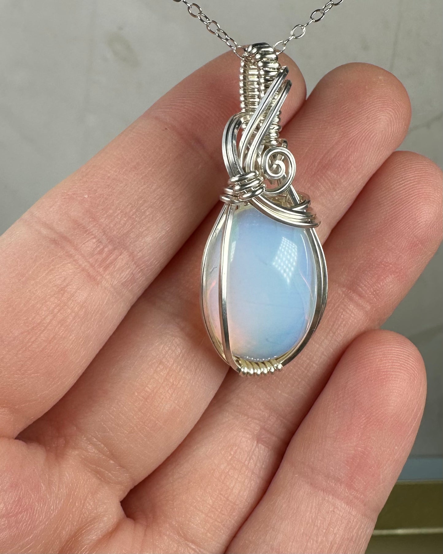 Opalite Glass Pendant Wire-Wrapped in Sterling Silver