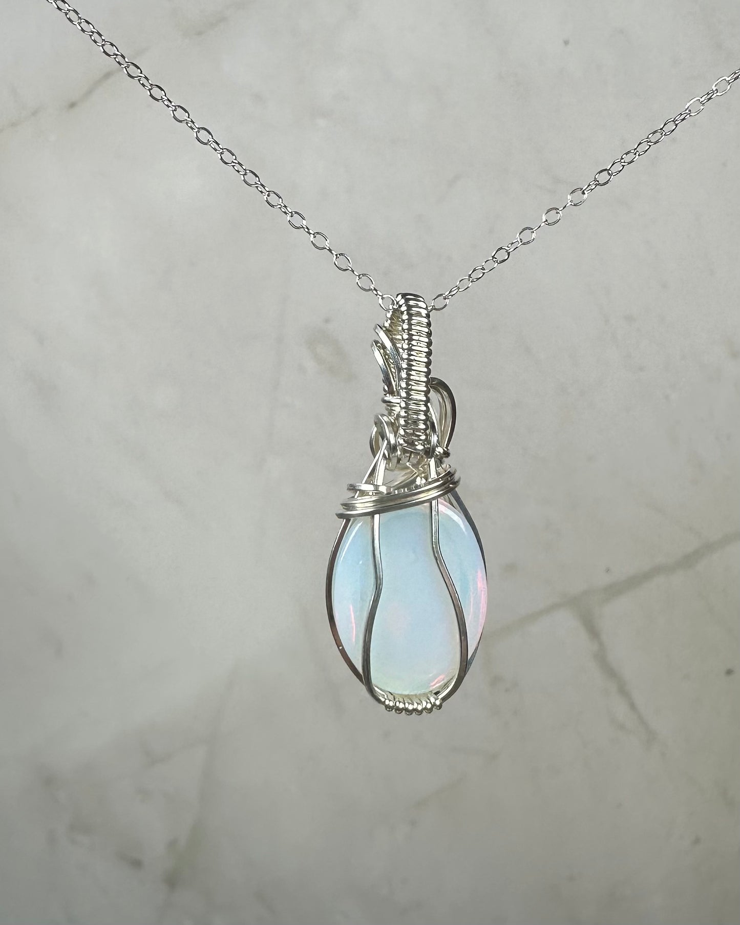 Opalite Glass Pendant Wire-Wrapped in Sterling Silver