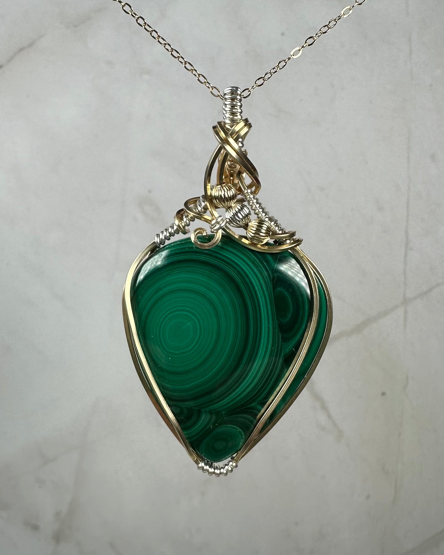 14k Goldfill and Sterling Silver Wire-Wrapped Malachite Pendant