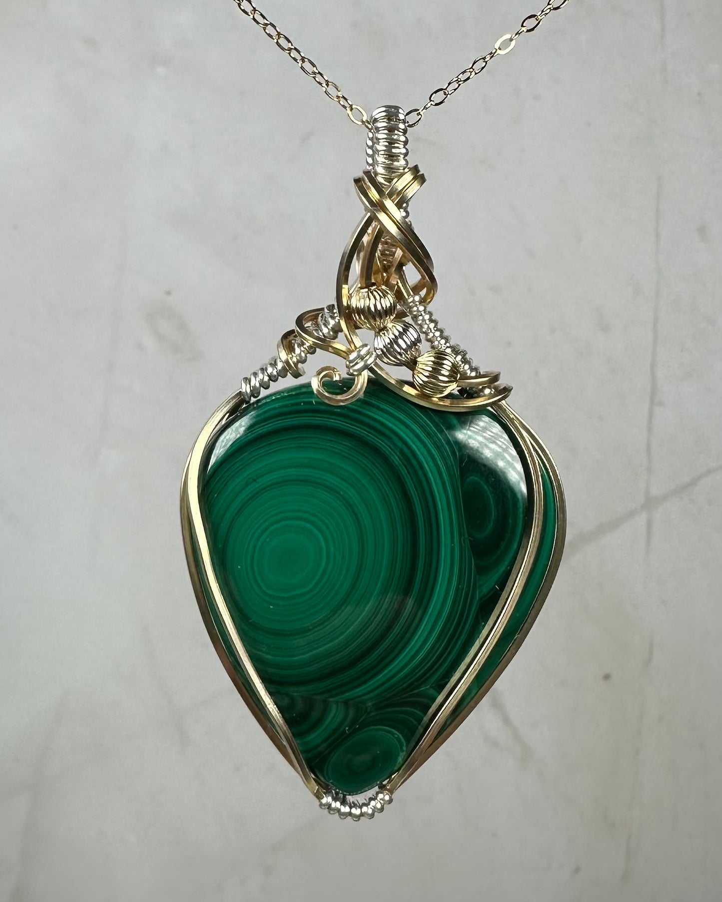 14k Goldfill and Sterling Silver Wire-Wrapped Malachite Pendant