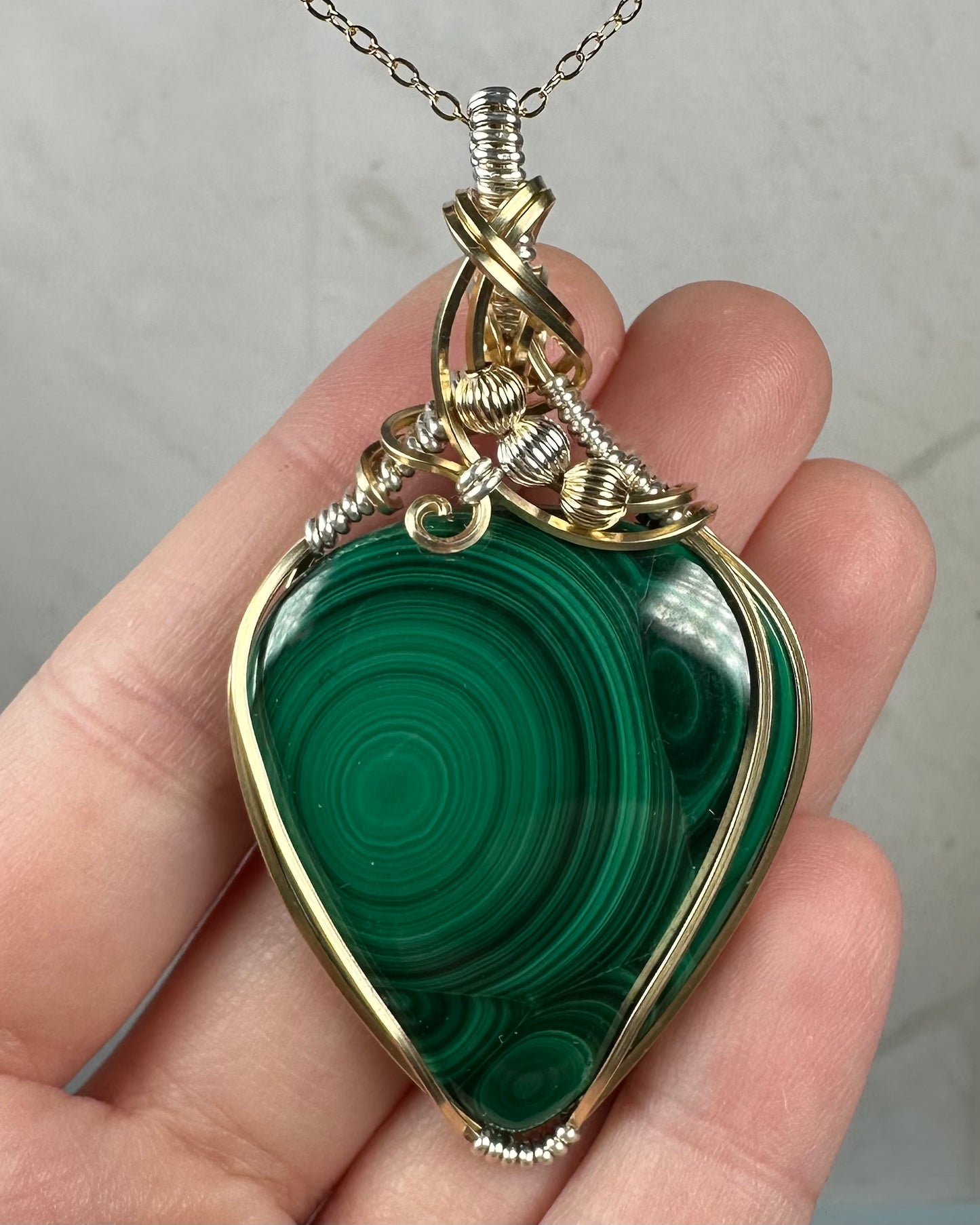 14k Goldfill and Sterling Silver Wire-Wrapped Malachite Pendant