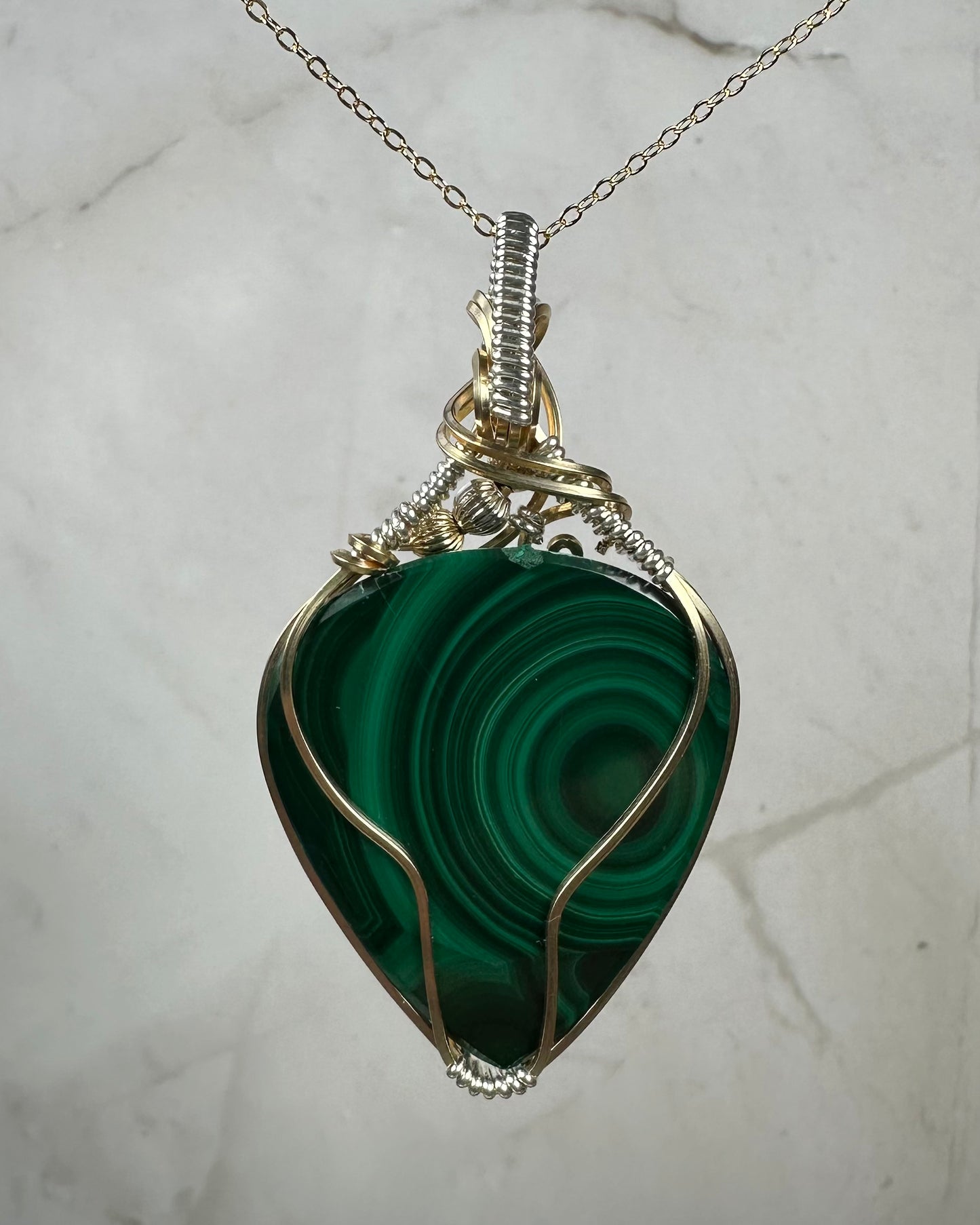 14k Goldfill and Sterling Silver Wire-Wrapped Malachite Pendant