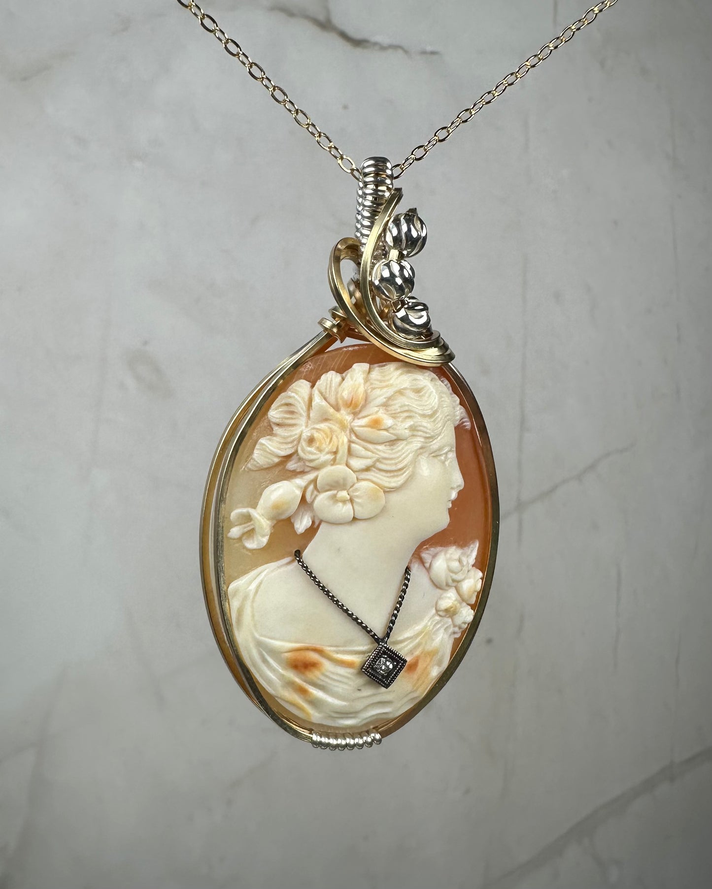 Antique Carved Shell Habillé (Dressed) Cameo Wrapped in 14k Goldfilled and Sterling Silver Wire