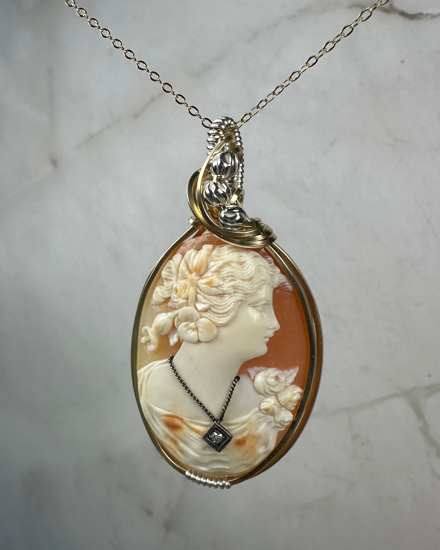 Antique Carved Shell Habillé (Dressed) Cameo Wrapped in 14k Goldfilled and Sterling Silver Wire