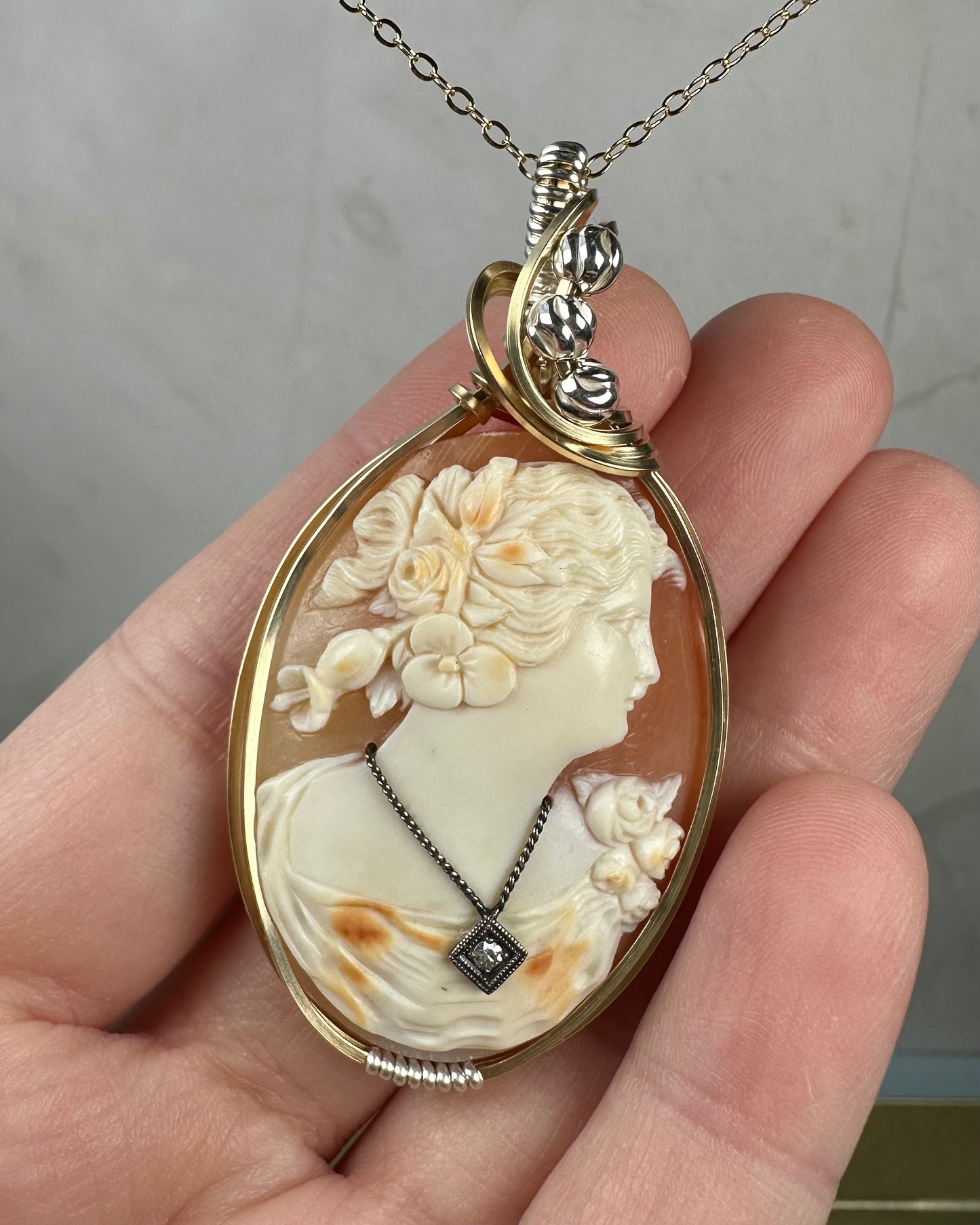 Antique Carved Shell Habillé (Dressed) Cameo Wrapped in 14k Goldfilled and Sterling Silver Wire