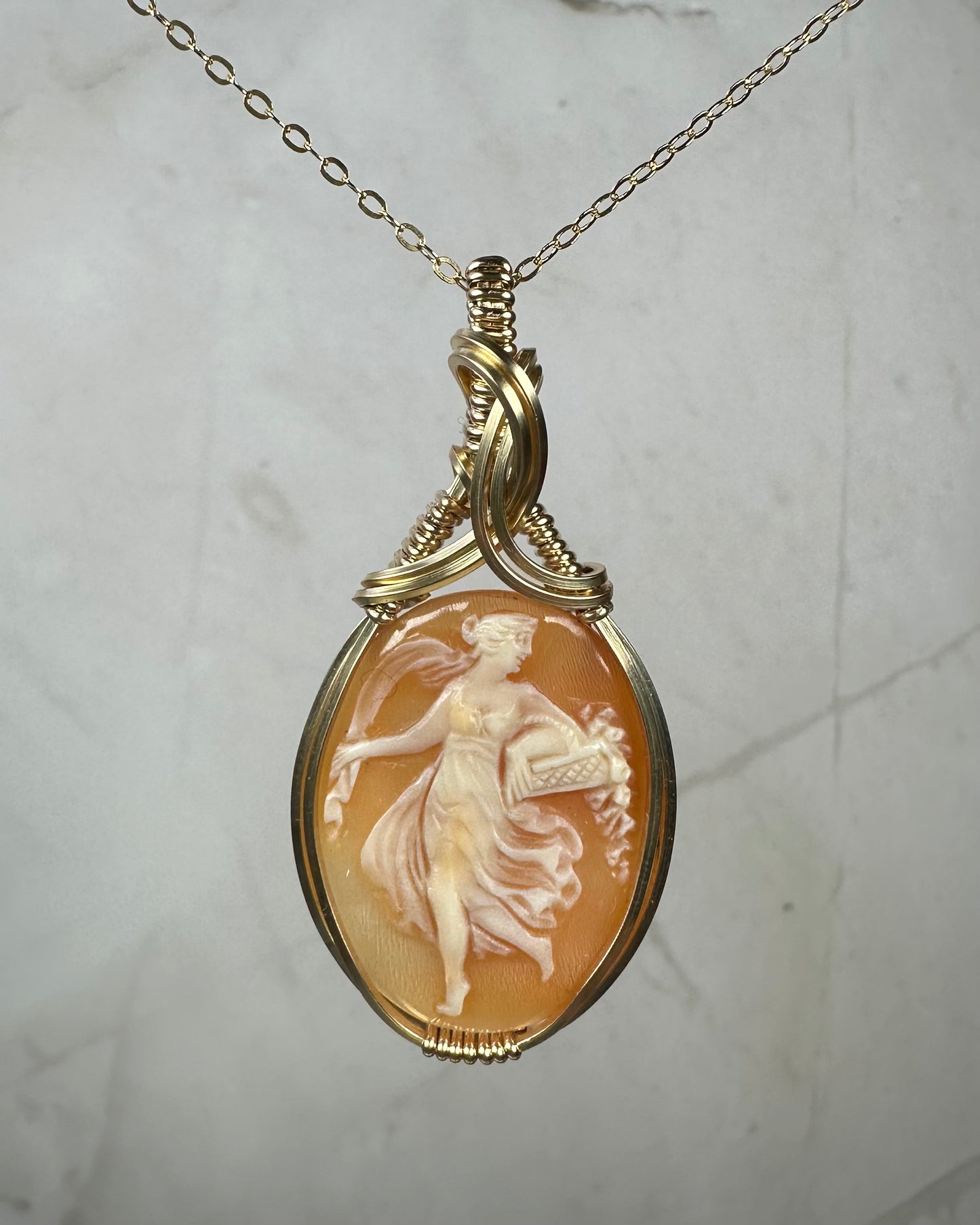 Antique Carved Shell Cameo of Woman with Floral Basket Pendant in Wrapped in 14k Goldfilled Wire