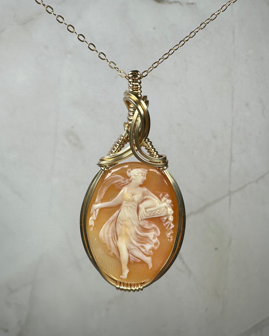 Antique Carved Shell Cameo of Woman with Floral Basket Pendant in Wrapped in 14k Goldfilled Wire